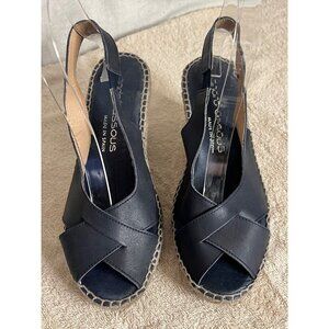Andre Assous Women's Black Leather Espadrille Wedge Sandals Size 7. Made In Spai